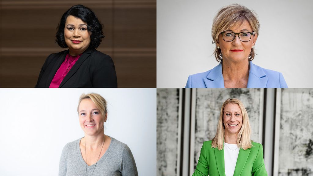 Bild: Trafen zur Videokonferenz zusammen, um über Frauen in Führung zu diskutieren: Milanie Kreutz (Vorsitzende der dbb-Bundesfrauenvertretung, Credit Andreas Pein), Simone Fleischmann (BLLV-Präsidentin), Tanja Küsgens (Bundessprecherin der VBE Frauenvertretung; Credit dbb/Jan Brenner), Sandra Schäfer (Vorsitzende des NLLV) (im Uhrzeigersinn). 