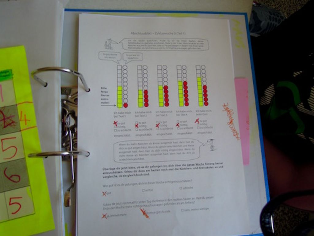 In Säulendiagrammen schätzen die Kinder, für wie gut sie sich halten. Nach Bearbeiten der Aufgabe notieren sie, wie gut sie wirklich waren.