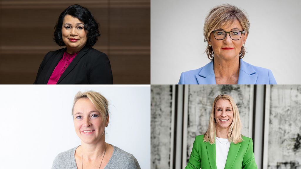 Bild: Trafen zur Videokonferenz zusammen, um über Frauen in Führung zu diskutieren: Milanie Kreutz (Vorsitzende der dbb-Bundesfrauenvertretung, Credit Andreas Pein), Simone Fleischmann (BLLV-Präsidentin), Tanja Küsgens (Bundessprecherin der VBE Frauenvertretung; Credit dbb/Jan Brenner), Sandra Schäfer (Vorsitzende des NLLV) (im Uhrzeigersinn). 