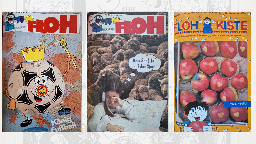 1982 wurde aus der Jugendlust die Flohkiste bzw. der Floh. Nach Einschränkungen durch das Kultusministerium endete 2018 die lange Geschichte der traditionsreichen Kinder- und Jugendzeitschrift. Das Bild zeigt Ausgaben von 1988, 1994 und 2000. 
